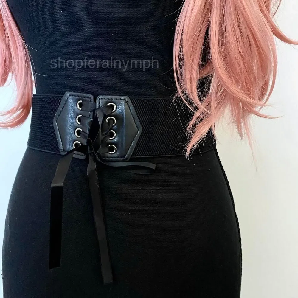 Black Y2K Lace Up Corset Stretch Wide Waist Belt, Fits Up to 27 Inches, X7GA1312